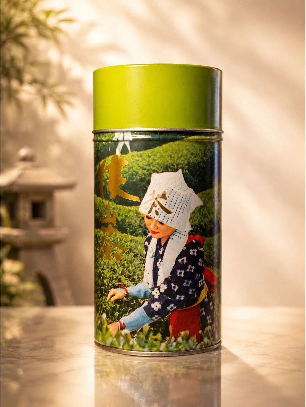 Vintage 1970s Japanese Green Tea Tin Canister Chatsumi Musume Tea Picker, 7.75”